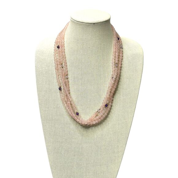 Rose Quartz Necklace with Amethyst & Gold Tone Spacer Accents 4 Strands & 24 In - Picture 3 of 9
